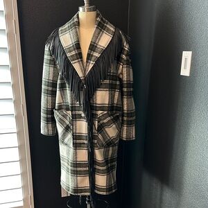 Blank NYC Black and Gray Plaid Fringe Trench Coat like new worn once hippie boho